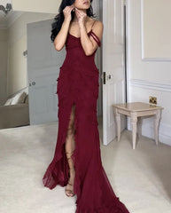 Wine Red Off Shoulder Straps Multi-layered Ruffles Long Prom Dress S6786