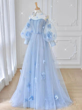 Tulle Flowers Long Prom Dress, Lovely A-Line Puff Sleeve Evening Dress S6663