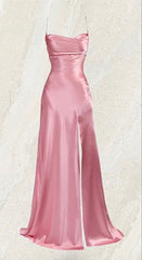 Simple Pink Spaghetti Straps Long Prom Dress with Split S6646