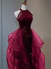 Sparkly Sheath Burgundy Sequin Long Prom Dress Party Dresses S6754