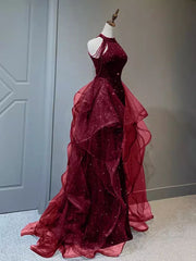 Sparkly Sheath Burgundy Sequin Long Prom Dress Party Dresses S6754