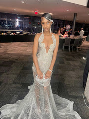 Silver Beaded Formal Dresses for Black Girl, Mermaid Long Prom Dress Evening Gown S6762