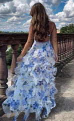 Spaghetti Straps Floral Ruffle V-neck Long Prom Dresses S6700