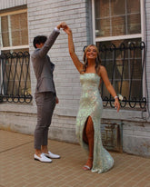 Glitter Green Sequined Long Prom Dress with Slit S6675