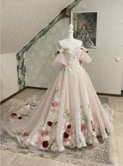 Vintage 3D Florals Wedding Dresses Half Sleeves Light Pink Lace Bridal Gowns S6641