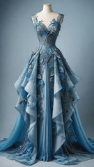 Vintage A Line Sweetheart Blue Tulle Applique Long Prom Dress, Evening Dress S6622