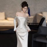 Long Sleeves Satin Mermaid Wedding Dresses Long Bridal Gown S7211