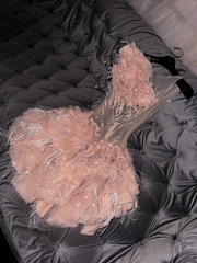 Light pink sleeveless fitted waist short ball gown with floral skirt R8801