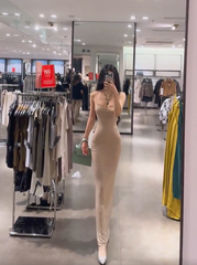 Light brown spaghetti strap waist-cinching slim-fit bodycon prom dress R7921