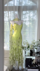 Light green floral print halter-neck fitted long ball gown R7649