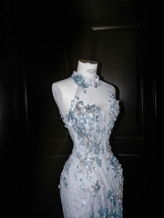 Blue sequined sleeveless slim waist hip fishtail sexy long skirt, prom dress R5660