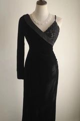Black asymmetrical neckline, fitted waist, long ball gown R6774
