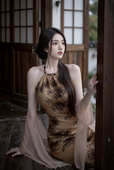 Brown halter-neck, backless, sexy, fitted, bodycon long ball gown R7534