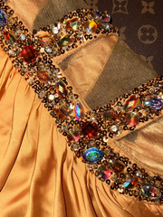 Gold satin one-shoulder fitted waist elegant long ball gown R6854