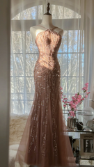 Champagne pink halter-neck fitted bodycon sexy long ball gown R7690