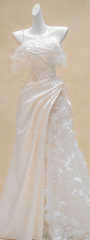 White elegant one-shoulder slim waist sexy long dress bridal gown R5742