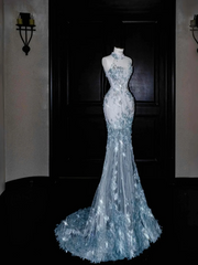 Blue sequined sleeveless slim waist hip fishtail sexy long skirt, prom dress R5660