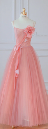 Pink Spaghetti-Strap Fitted-Waist Slim-Fit Long Prom Dress / Bridal Gown R5896