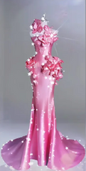 Pink 3D floral strapless waist-cinching hip-hugging sexy long ball gown R6455