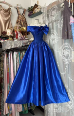 Off-the-Shoulder Waist-Cinched Slim-Fit Floor-Length Ball Gown in Blue R7413