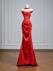 Red strapless satin fitted long ball gown R8148