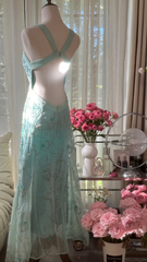 Light blue halter-neck, fitted, backless, long ball gown R7762