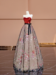 Red strapless fitted bodice with black lace floral print long ball gown R8401