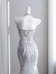 Light gray-blue strapless, fitted, bodycon, fishtail long ball gown R8431