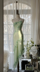 Light green one-shoulder halter-neck fitted waist slim-fit long ball gown with irregular hem R7691