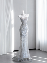 Light gray-blue strapless, fitted, bodycon, fishtail long ball gown R8431