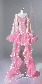 Pink sequined long-sleeved fitted waist lace skirt ball gown R6456