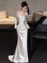 Off shoulder wedding dress long sleeve satin bride dress simple wedding gown S5452