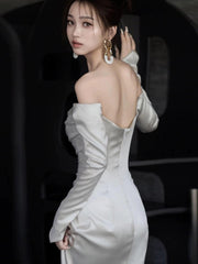 Off shoulder wedding dress long sleeve satin bride dress simple wedding gown S5452
