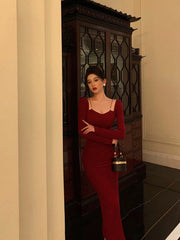 Burgundy long-sleeved dress for women new style long skirt S5485