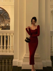 Burgundy long-sleeved dress for women new style long skirt S5485