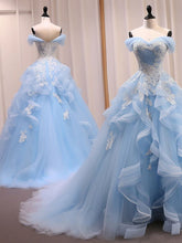 Off Shoulder Light Blue Tulle Long Prom Dresses With Lace Appliques, High Low Light Blue Formal Evening Dresses S5422