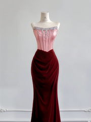 Pink strapless dress with deep red bodycon design, sexy long ball gown R8171