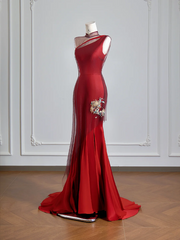 Red one-shoulder fitted waist slim-fitting hip-hugging sexy long ball gown R8150
