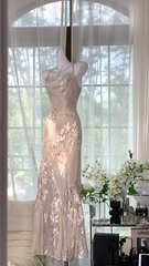 Light pink floral print halter-neck fitted long ball gown R7651