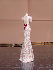 Red floral print, Chinese-style neckline, fitted waist, slimming silhouette, sexy long ball gown R8402