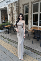 Light brown one-shoulder fitted waist bodycon long sexy ball gown R7536