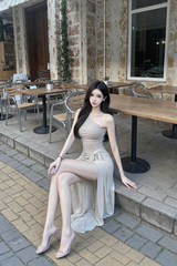 Light brown one-shoulder fitted waist bodycon long sexy ball gown R7536