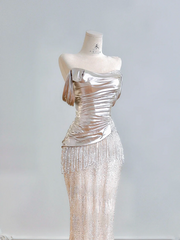 Silver off-the-shoulder fitted bodice, light pink bodycon long ball gown R8202