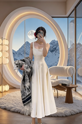 White halter-neck fitted ball gown with a full skirt, elegant and sophisticated R8042