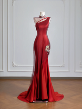 Red one-shoulder fitted waist slim-fitting hip-hugging sexy long ball gown R8150