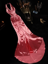 Pink halter neck fitted waist long satin ball gown R6416