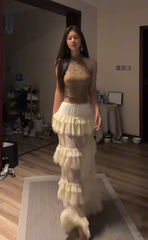 Brown top, sexy tiered skirt, long ball gown R8087
