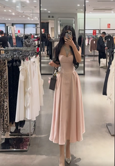 Light pink spaghetti strap waist-cinching slim-fit elegant prom dress R7924