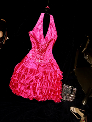Rose pink halter-neck cinched waist short ball gown R6977