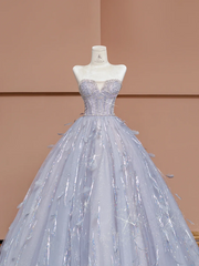 Light blue strapless, fitted waist, full skirt, long ball gown R8403
